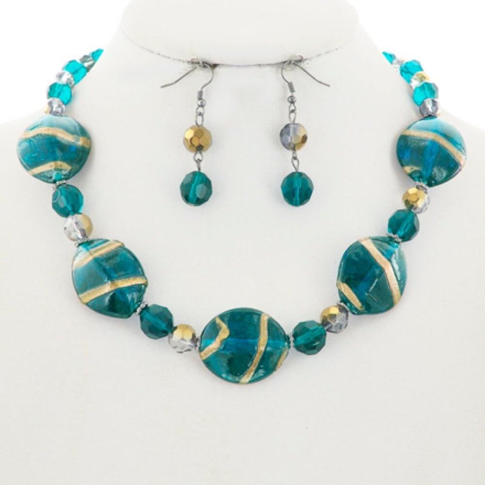 Hematite Tone Teal & Clear Acrylic Necklace & Earring Set